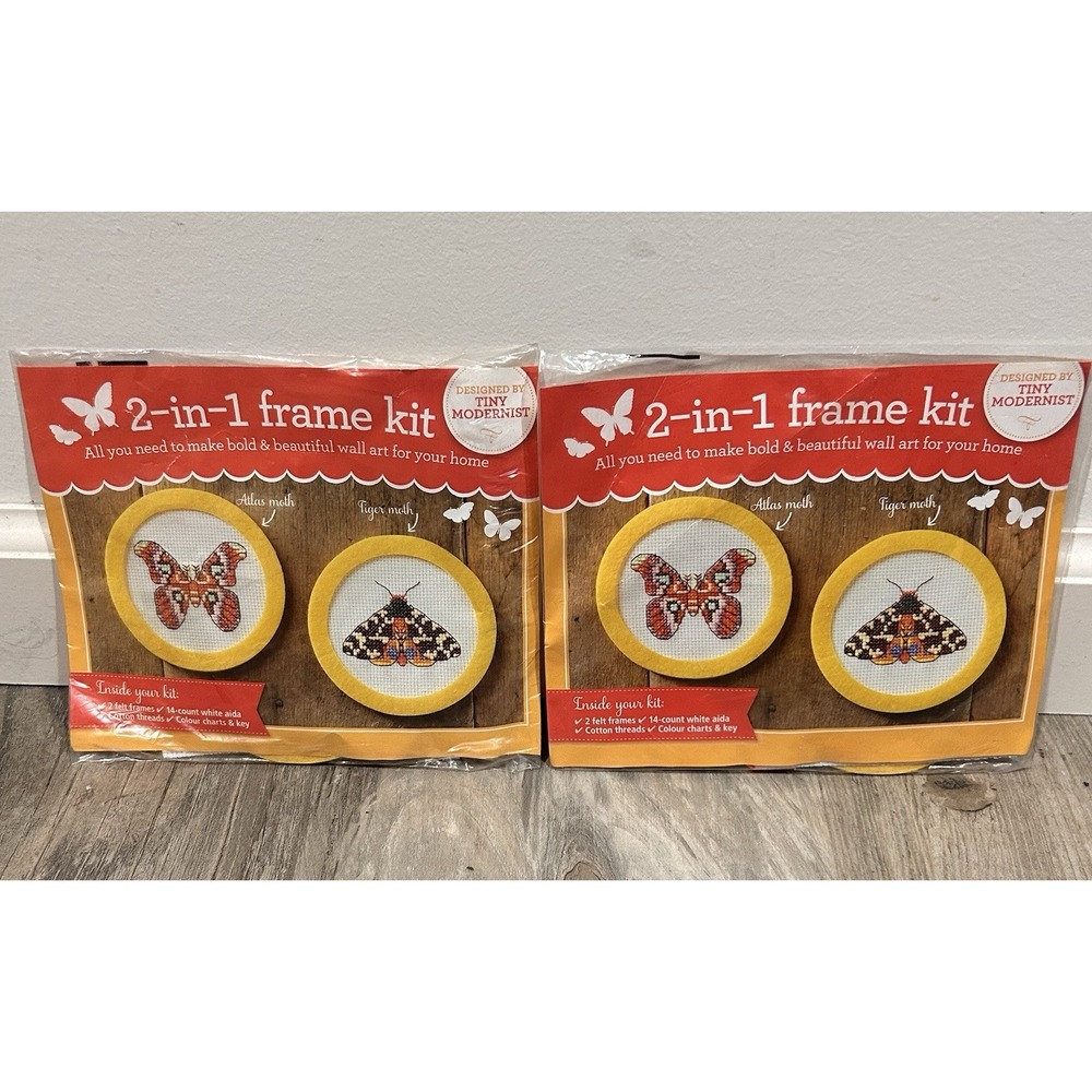 NEW Tiny Modernist 2-in-1 Moths Frames Atlas/Tiger Moth 2 Cross Stitch Sets NIP